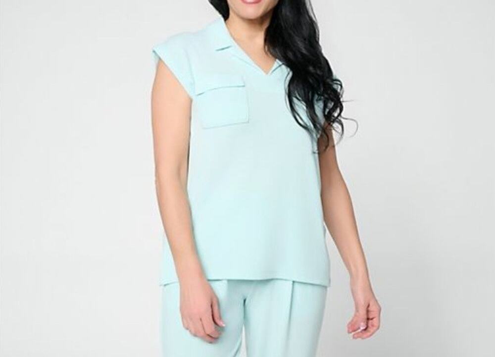 Cuddl Duds Size Small Light Aqua Modern Jersey Knit Collarded Tee A716239 NWOT